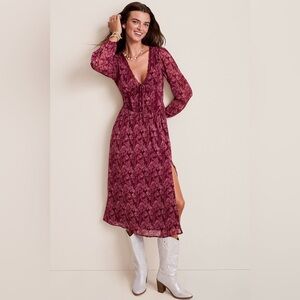 Francesca's Collections Wine Floral V-Neck Long Sleeve Midi Dress